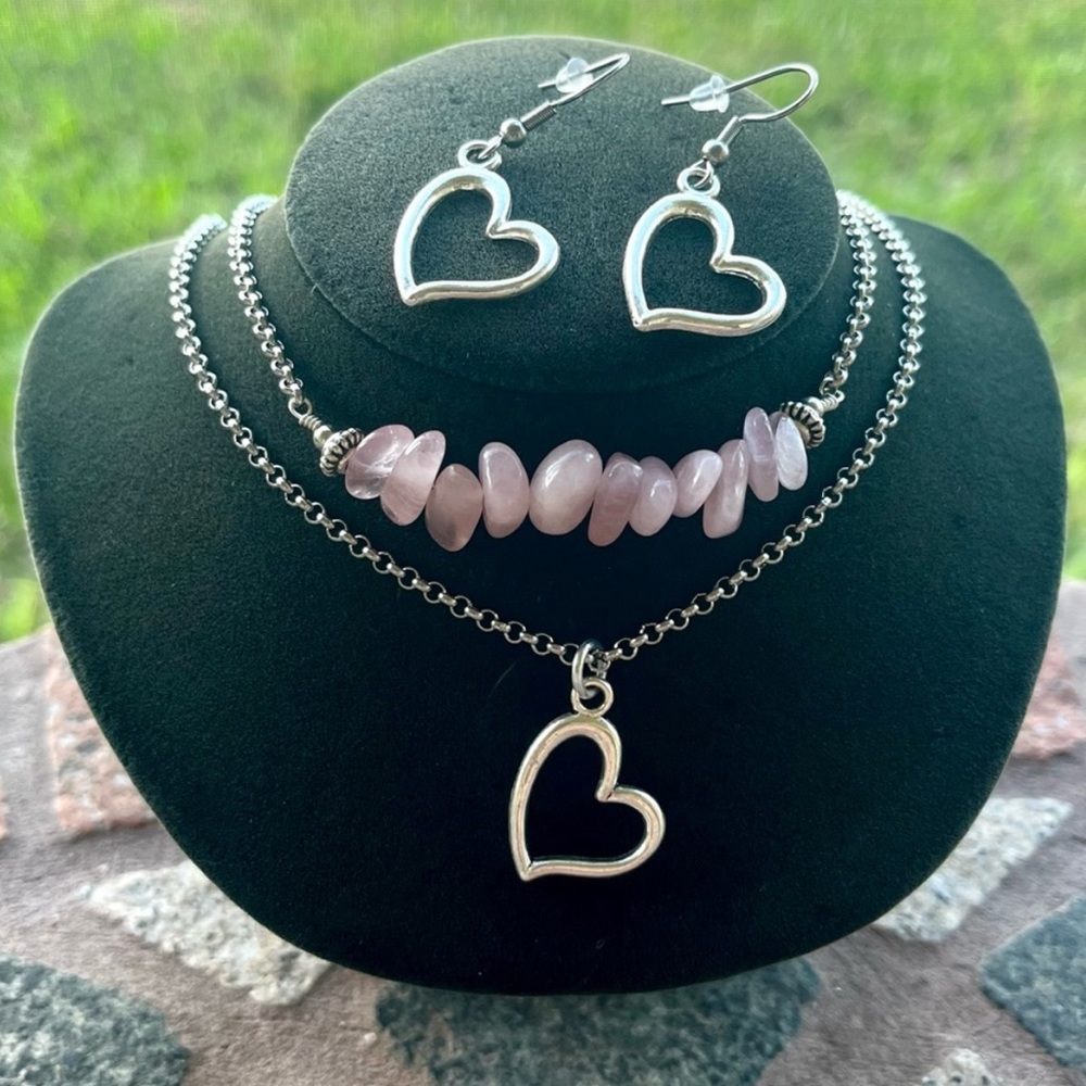 Set ! Rose quartz heart double layer necklace + matching earrings st valentine